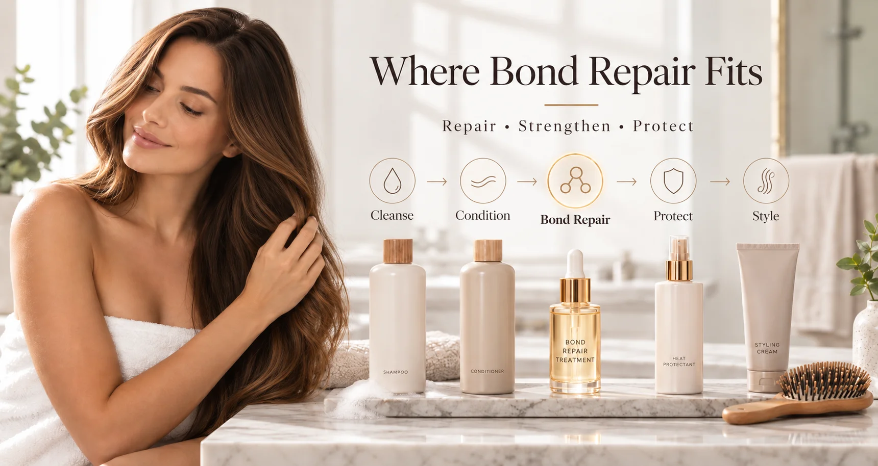 A woman with long, healthy hair using bond repair products displayed on a marble countertop, including shampoo, conditioner, bond repair treatment, heat protectant, and styling cream.